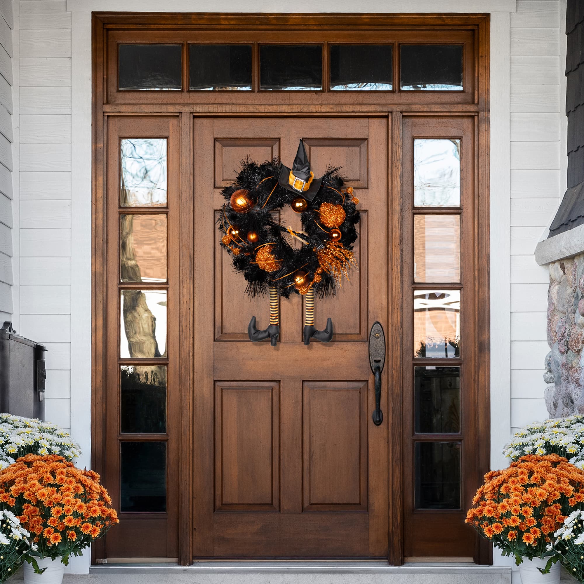 24'' Unlit Orange and Black Witch and Pumpkins Halloween Wreath